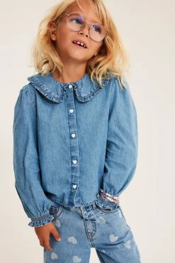 Bluzka z kołnierzem z falbanami, z bawełnianego denimu